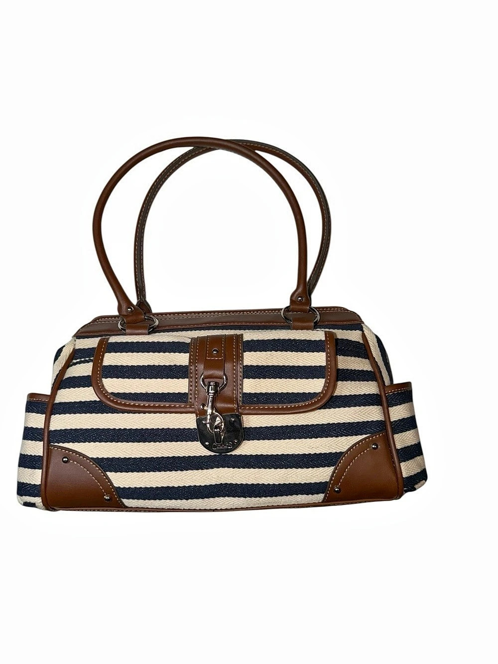CHAPS Navy & Cream Striped Canvas Satchel Bag Brown Faux Leather Trim